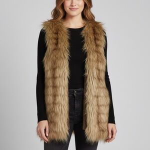 Chico’s Size S/M Brown Knit Faux Fur Trim Long Vest Wool Blend stretchy